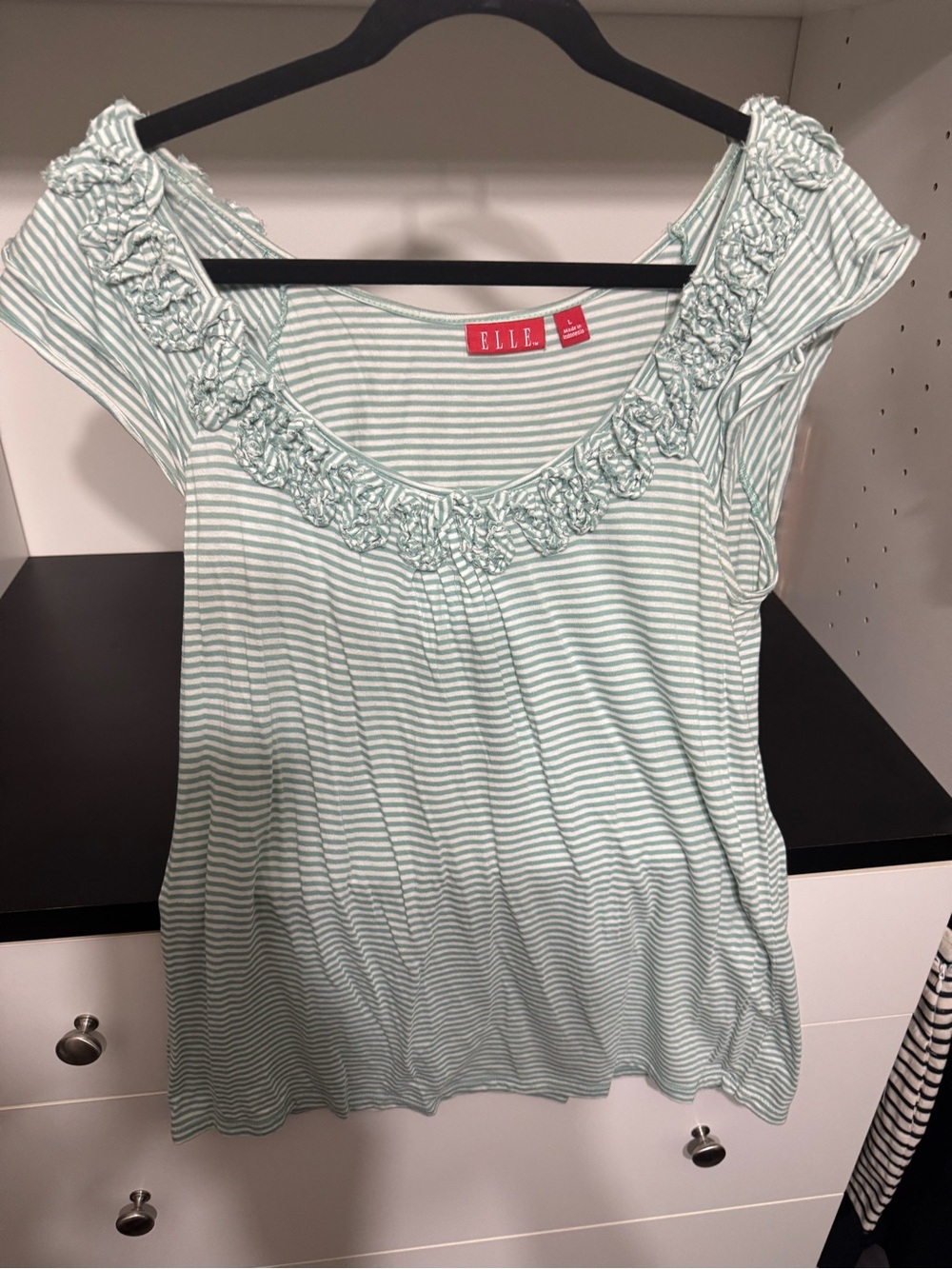ELLE Mint and White Striped Ruffle Scoop Neck